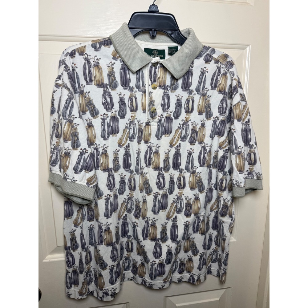 Vintage Dockers Golf Polo Shirt Mens Large White All Over Golf Bag Print USA